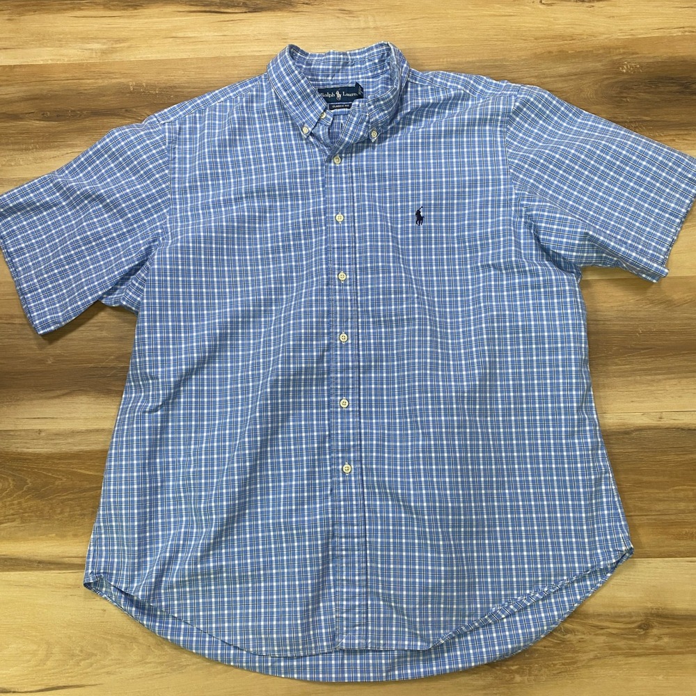 Ralph Lauren Button Down Shirt XXL Classic Fit Plaid Cotton Short Sleeve Blue